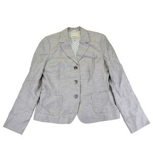 Faconnable Linen Blazer Women's Size 14 Gray Anchor‎ Nautical Embroidered Jacket